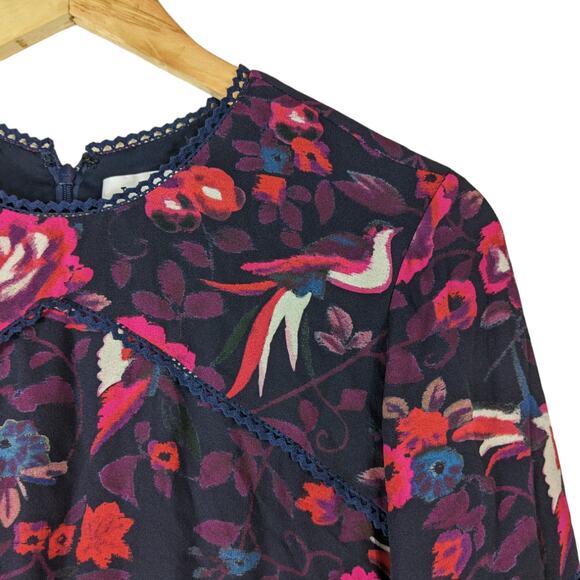 Tanya Taylor Womens Dress 4 Silk Navy Blue Red Floral Lace Trim Bell Sleeve Mini - Picture 3 of 12
